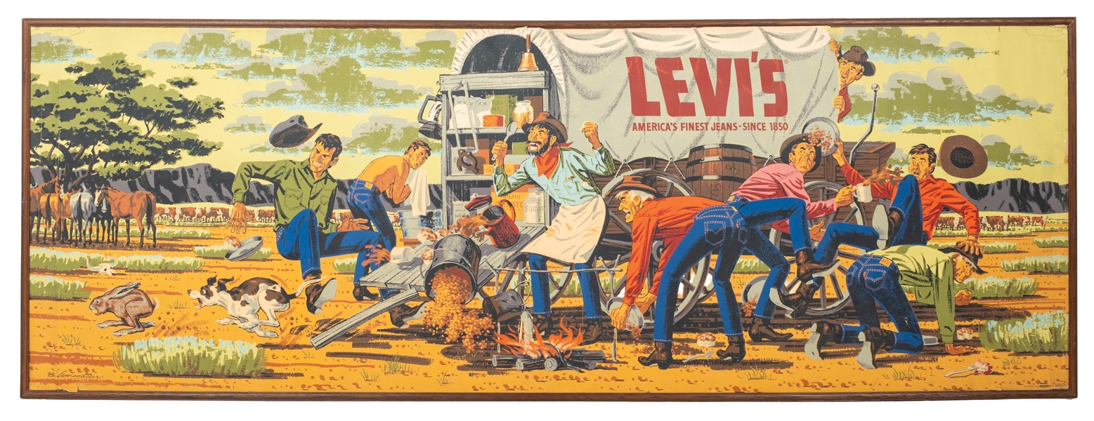 LARGE OVERSIZED LEVIS "AMERICAS FINEST JEANS" FRAMED OILCLOTH PRINT