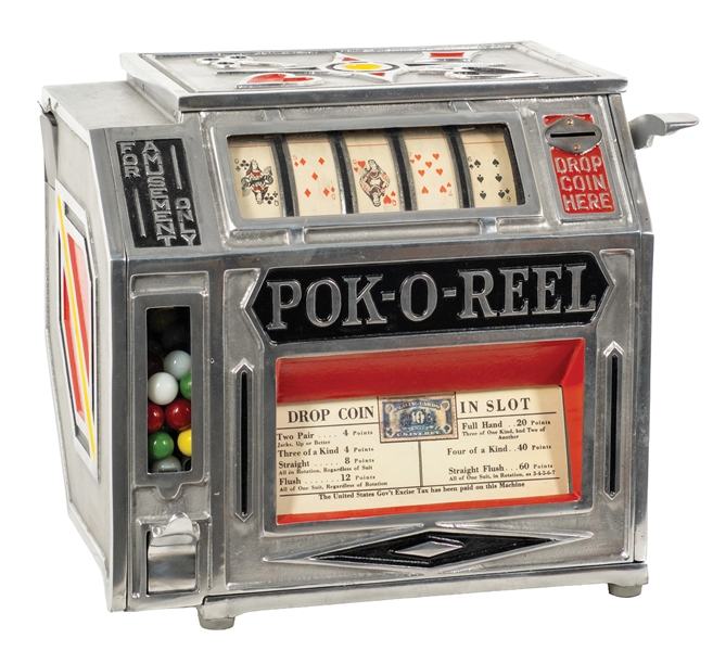 1¢ GROETCHEN "POK-O-REEL" ALUMINUM TRADE STIMULATOR W/ SIDE GUMBALL VENDOR