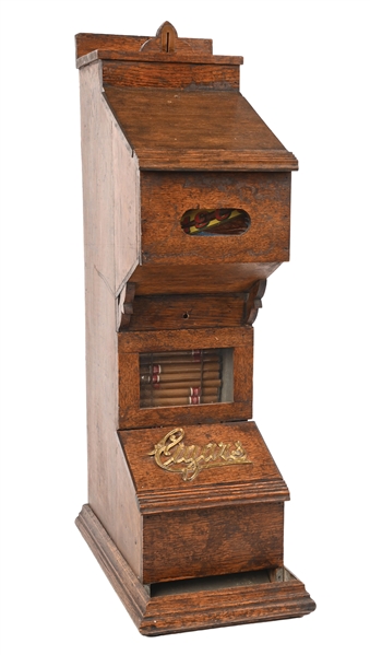 ANTIQUE COIN OPERATED WOODEN CIGAR VENDING MACHINE