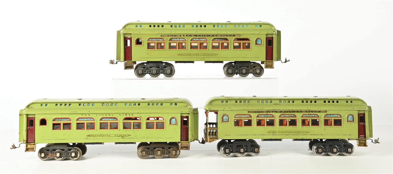 LOT OF 3: IVES & LIONEL 418, 431 & 490 APPLE GREEN STD-GA. PASS. CARS 