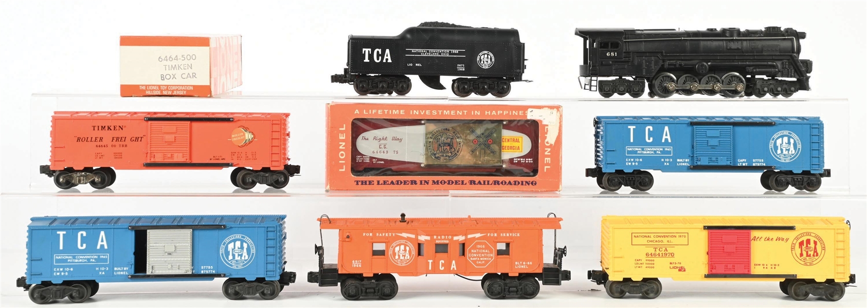 LIONEL POSTWAR O. GAUGE NO. 681 TCA STEAM LOCOMOTIVE AND TENDER WITH SIX ASSORTED TCA CONVENTION FREIGHT CARS AND TWO ORIGINAL BOXES