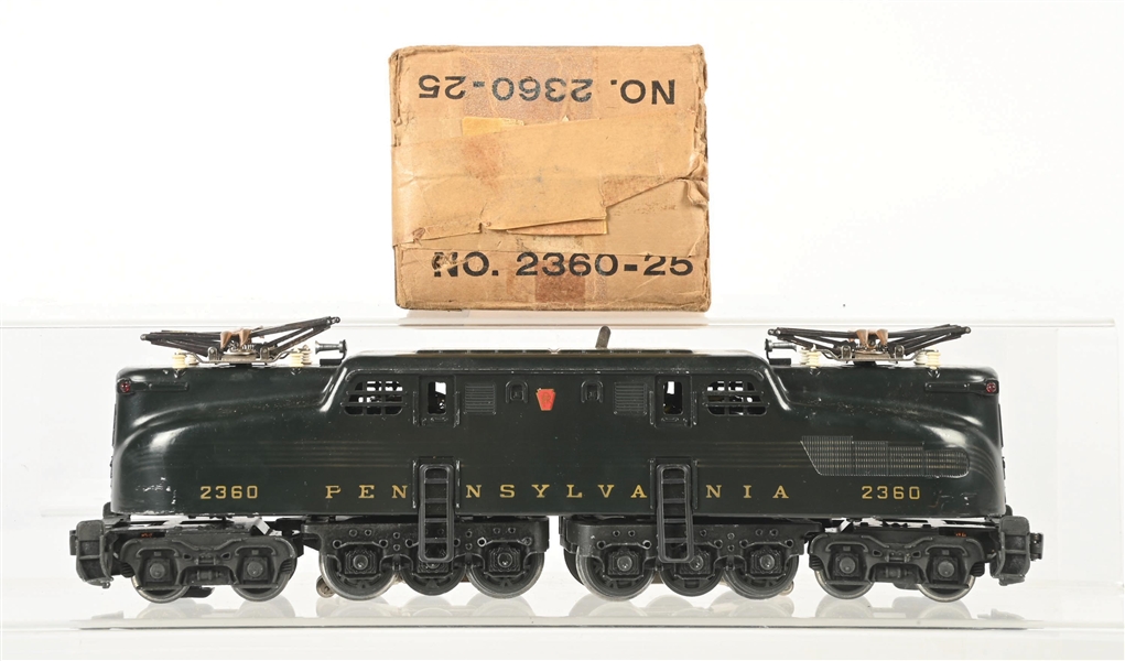LIONEL POSTWAR O. GAUGE NO. 2360 PENNSYLVANIA DARK GREEN WITH FIVE STRIPE GG1 ELECTRIC LOCOMOTIVE WITH ORIGINAL BOX