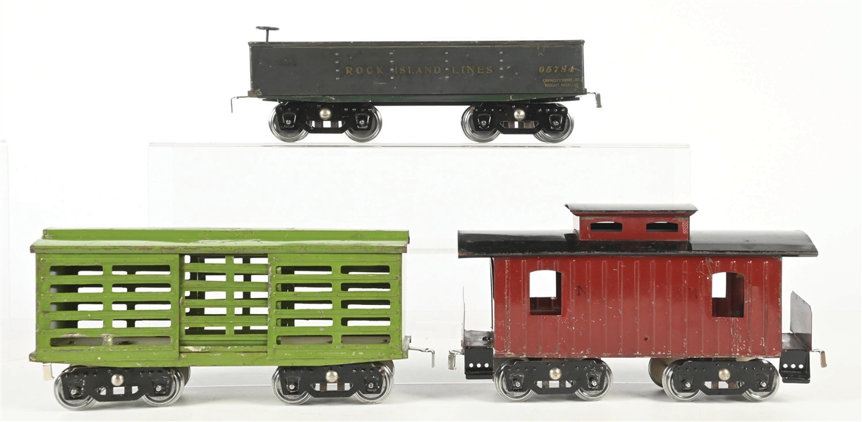 LOT OF 3: AMERICAN FLYER PREWAR STANDARD GAUGE ASSORTED FREIGHT CARS PRODUCED BY LIONEL