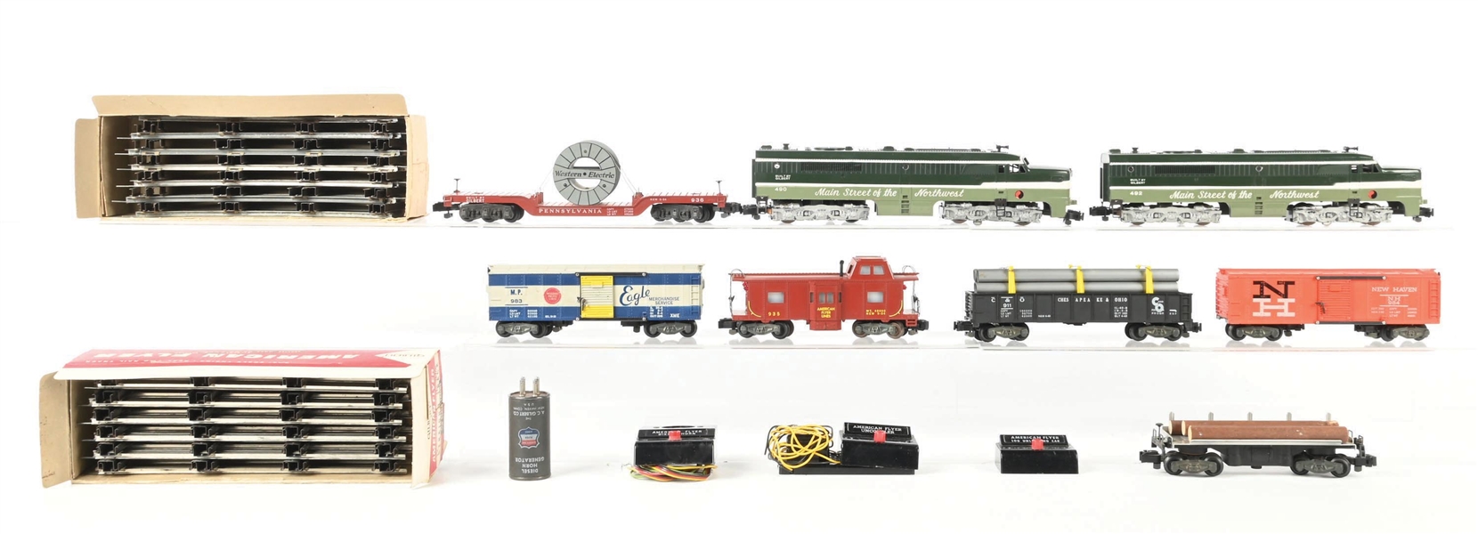 AMERICAN FLYER S. GAUGE NO. 20375 NORTHERN PACIFIC DIESEL FREIGHT SET WITH ORIGINAL BOXES