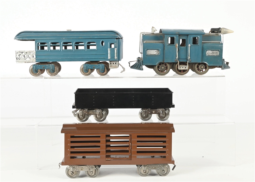 LIONEL MANUFACTURING PREWAR STD. GAUGE NO. 33 SIX WHEEL LOCOMOTIVE PLUS ASSORTED PASSENGER AND FREIGHT CARS