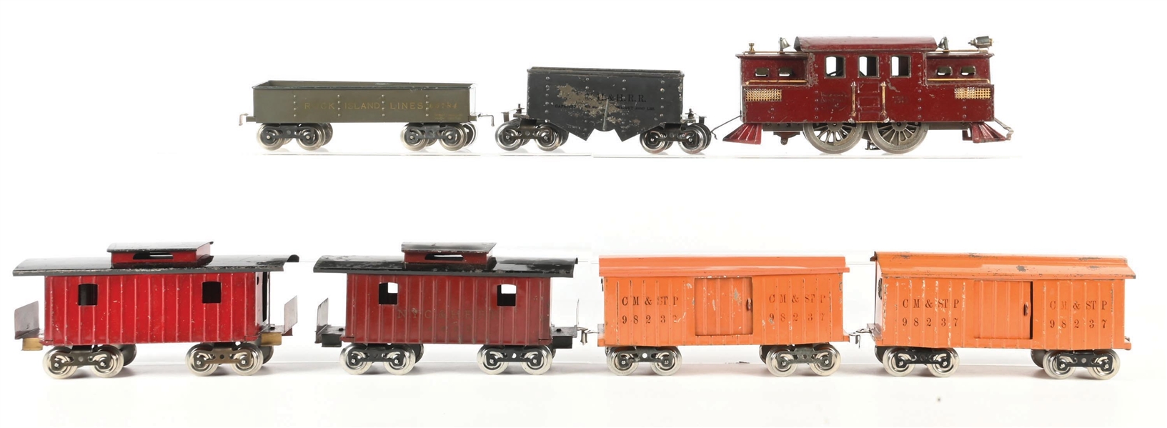 LIONEL PREWAR STD. GAUGE NO. 53 ELECTRIC LOCOMOTIVE AND SIX ASSORTED STD. GAUGE FREIGHT CARS