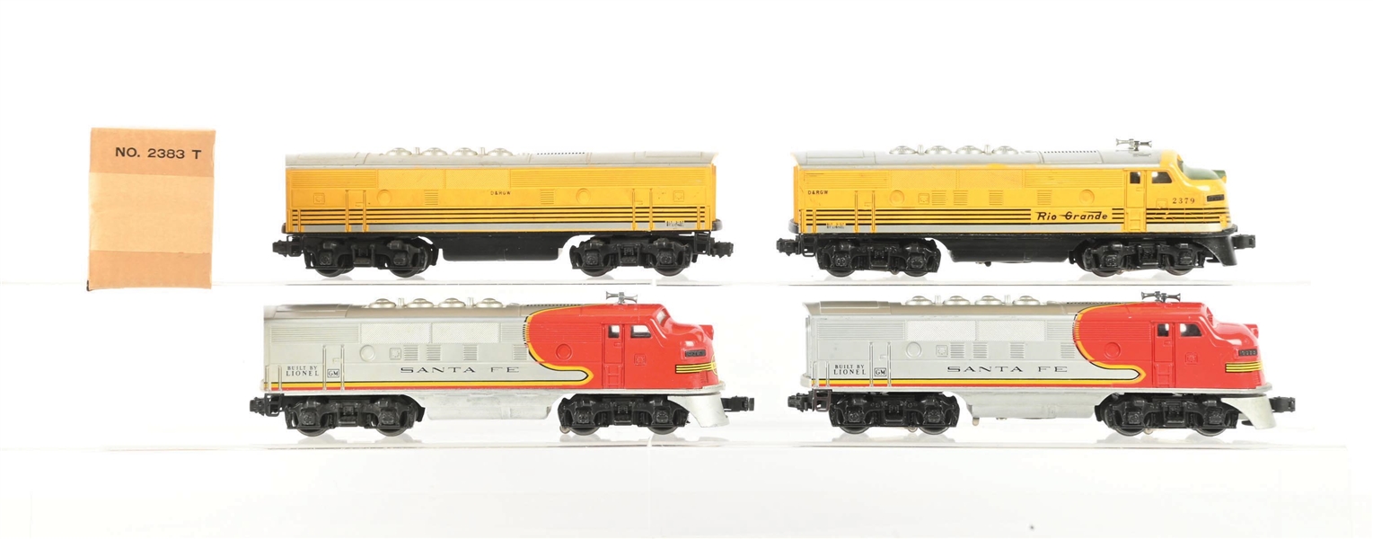 LIONEL POSTWAR O. GAUGE NO. 2379 RIO GRANDE AND NO. 2383 SANTA FE F3 DIESEL LOCOMOTIVE SETS