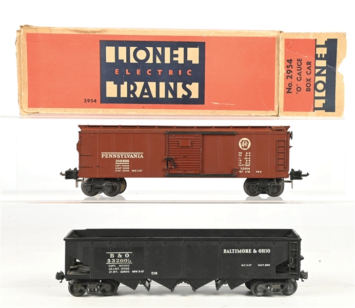 LIONEL PRE WAR O. GAUGE NO. 2954 BOX CAR AND A NO. 716 B&O HOPPER CAR WITH ONE ORIGINAL BOX