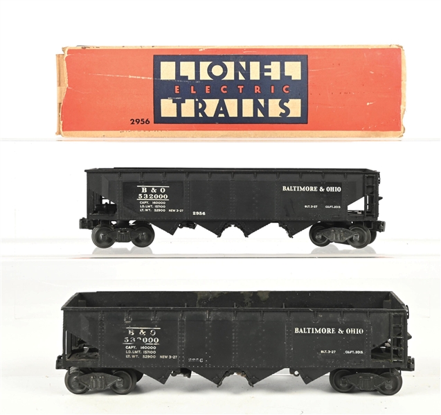 LOT OF 2: LIONEL PREWAR O. GAUGE NO. 2956 B&O SEMI-SCALE HOPPER CARS WITH ONE ORIGINAL BOX
