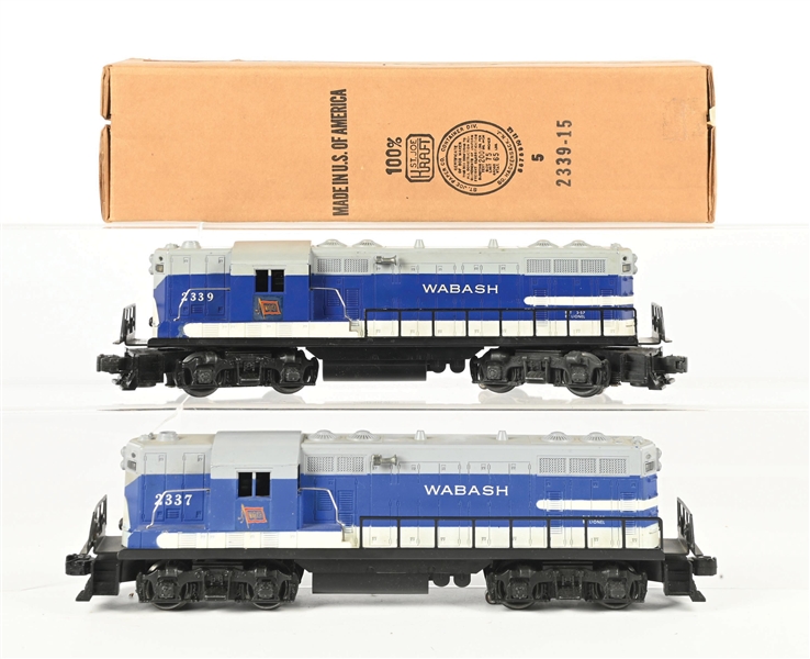 LIONEL POSTWAR O. GAUGE NO. 2337 AND NO. 2339 WABASH GP-7 DIESEL LOCOMOTIVES WITH ONE ORIGINAL BOX