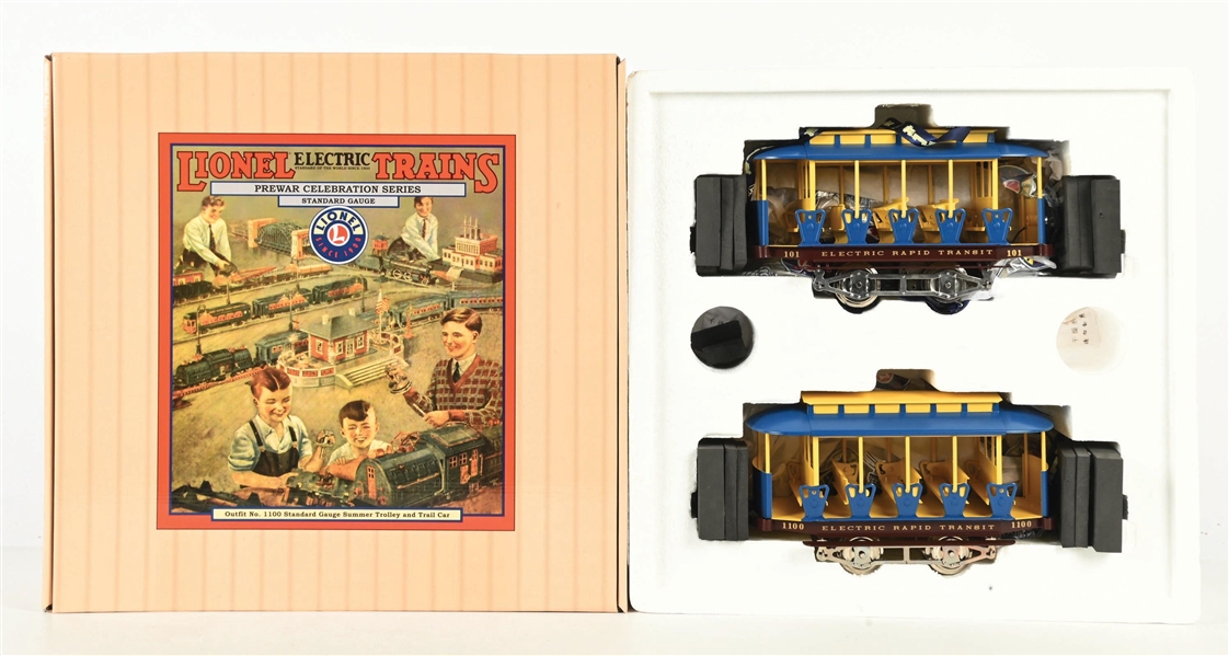 LIONEL STD. GAUGE NO. 1100 SUMMER TROLLEY AND TRAIL CAR SET IN ORIGINAL BOX