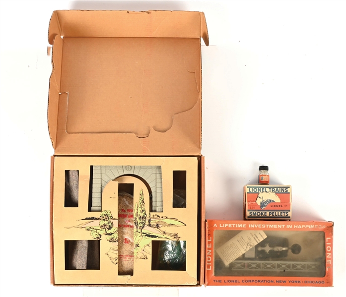 LIONEL NO. 299 CODE TRANSMITTER SET, LIONEL SMOKE PELLETS, AND A NO. 920 SCENIC SET ALL WITH ORIGINAL BOXES