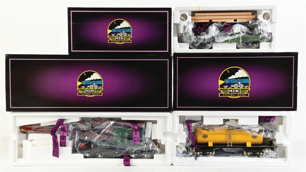 LOT OF 3: MTH IVES STANDARD GA. NO. 190, 197, AND 199 FREIGHT CARS IN ORIGINAL BOXES
