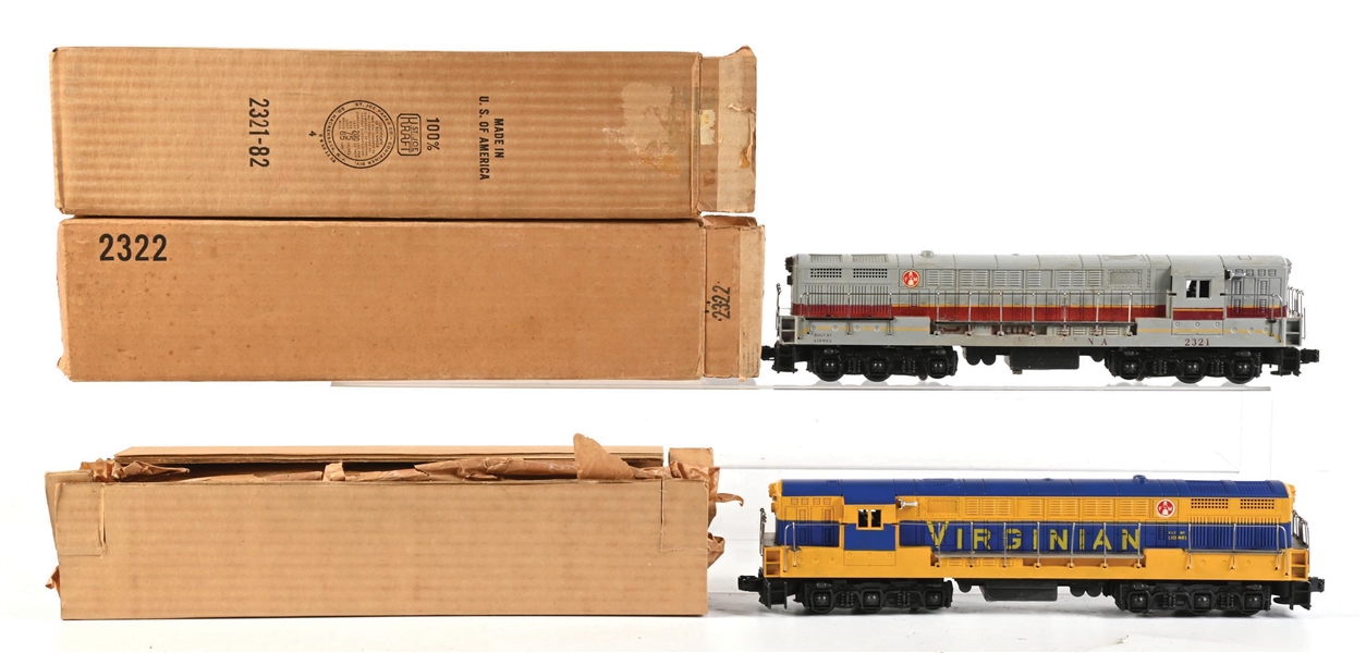 POST-WAR LIONEL O-GA. NO. 2321 LACKAWANNA AND NO. 2322 VIRGINIAN FM TRAINMASTER DIESEL LOCOMOTIVES