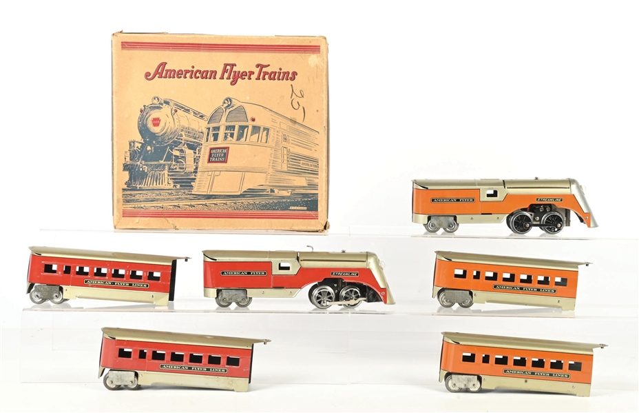 LOT OF 2: AMERICAN FLYER PREWAR O. GAUGE STREAMLINE TIN LITHO PASSENGER SETS WITH ONE ORIGINAL BOX