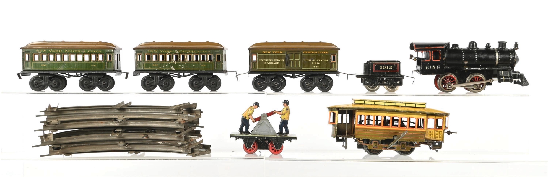 BING PREWAR O. GAUGE WINDUP STEAM LOCOMOTIVE PASSENGER SET PLUS WIND UP TROLLEY, HANDCAR, AND TRACK