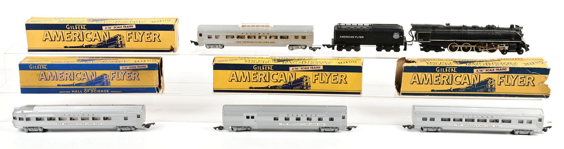 LOT OF 5: AMERICAN FLYER 332 NORTHERN STEAM LOCO & 500 SERIES PASSENGER CARS