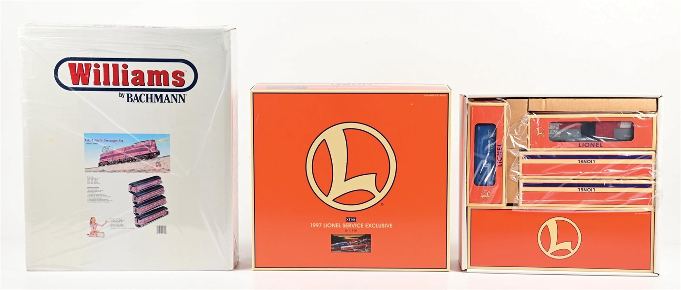 LOT OF 2: LIONEL O-GA. 1997 SERVICE STATION EXCLUSIVE & WILLIAMS GG-1 PENNSYLVANIA GIRLS PASSENGER SET W/ ORIGINAL BOXES