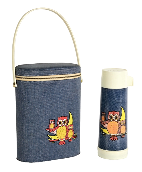 VINYL DENIM STYLE WITH OWLS GRAPHIC LUNCH/ BRUNCH BAG WITH THERMOS