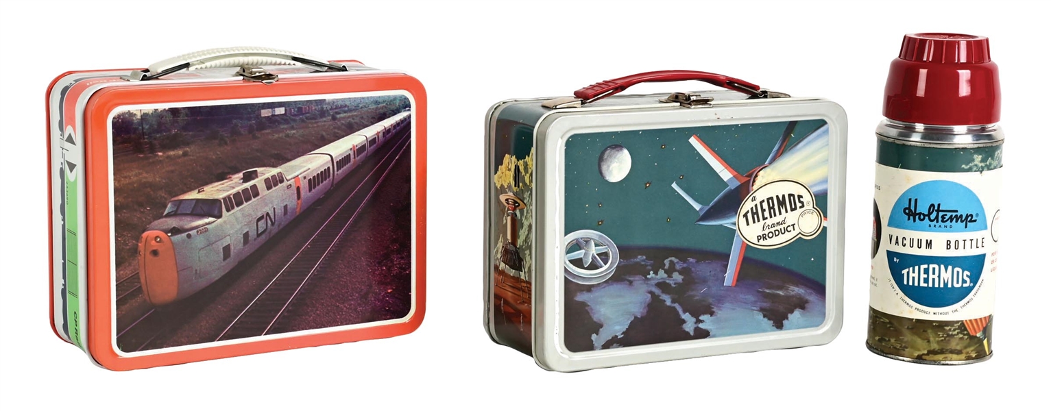 LOT OF 2: CP RAIL LUNCHBOX & THERMOS BRAND SPACE-THEMED LUNCHBOX WITH THERMOS