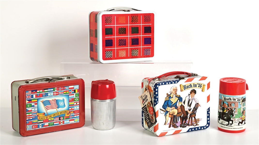 LOT OF 3: OHIO ART RED PLAID LUNCHBOX, FLAGS OF THE UNITED NATIONS LUNCHBOX (WITH THERMOS), ALADDIN BLACK IN 76 LUNCHBOX (WITH THERMOS) 