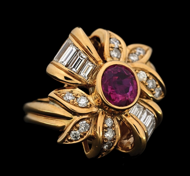 18K YELLOW GOLD RUBY & DIAMOND RING W/REPORT