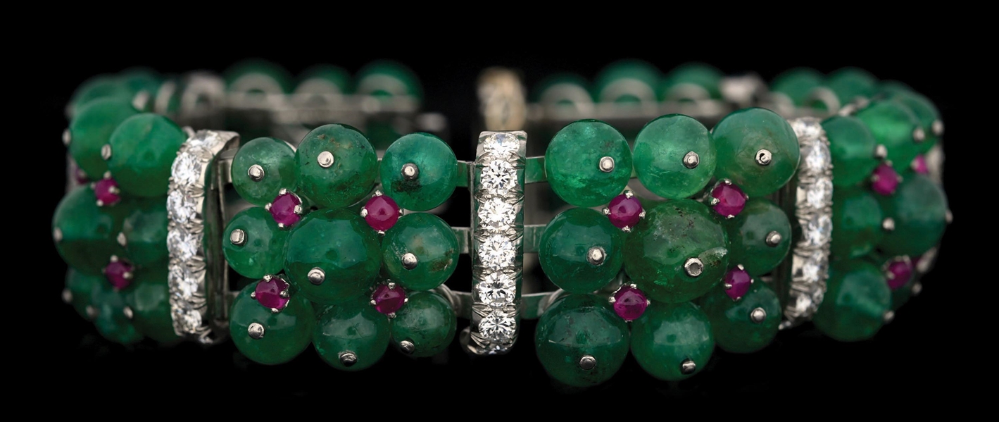 DAVID WEBB 18K WHITE GOLD & PLATINUM EMERALD, RUBY & DIAMOND BRACELET