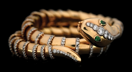 VINTAGE 18K GOLD 6CT TW DIAMOND & EMERALD SNAKE BRACELET
