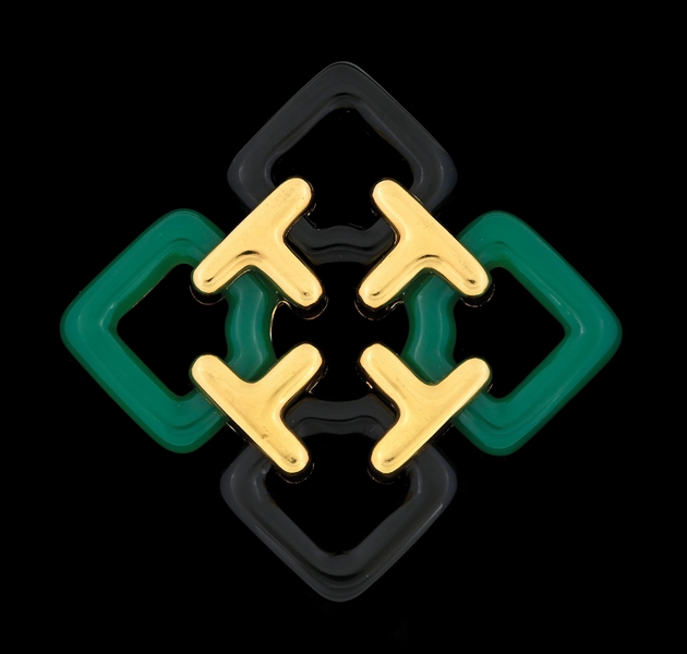 SIGNED ALDO CIPULLO 18K GOLD GREEN & BLACK ONYX PENDANT/BROOCH