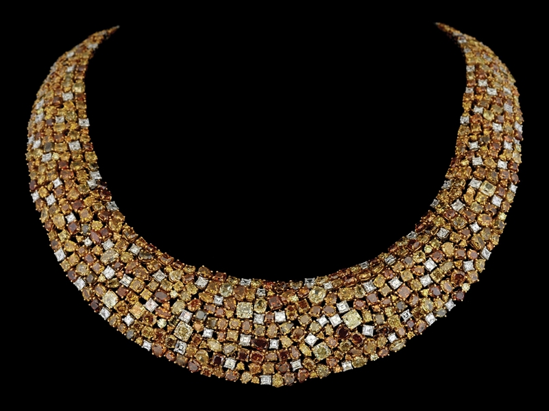 OSCAR HEYMAN ORANGE & YELLOW FANCY COLORED DIAMOND NECKLACE W/BOX & PAPERS