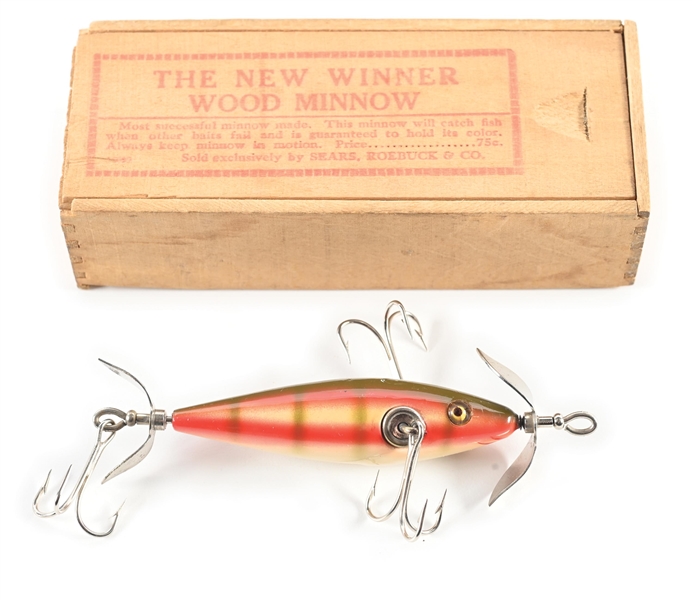 SEARS & ROEBUCK NEW WINNER WOOD MINNOW IN PERCH