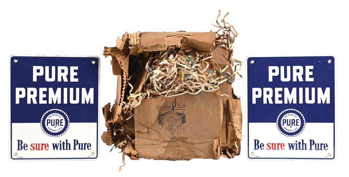 COLLECTION OF 2: PURE PREMIUM "BE SURE WITH PURE" PORCELAIN PUMP PLATE SIGNS W/ CARDBOARD BOX. 