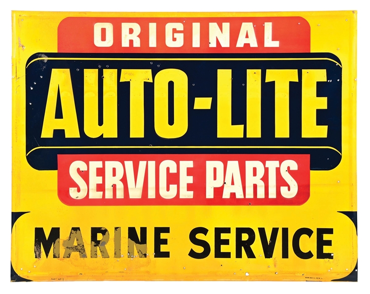 AUTO-LITE SERVICE PARTS MARINE SERVICE EMBOSSED TIN SIGN