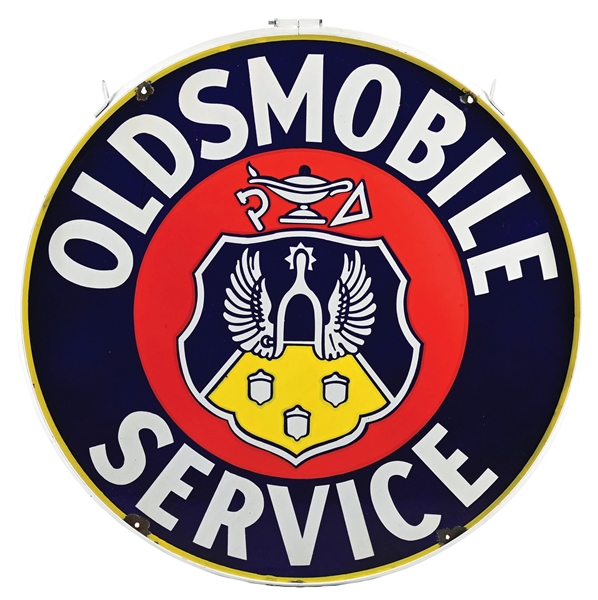OLDSMOBILE SERVICE PORCELAIN SIGN WITH METAL RING