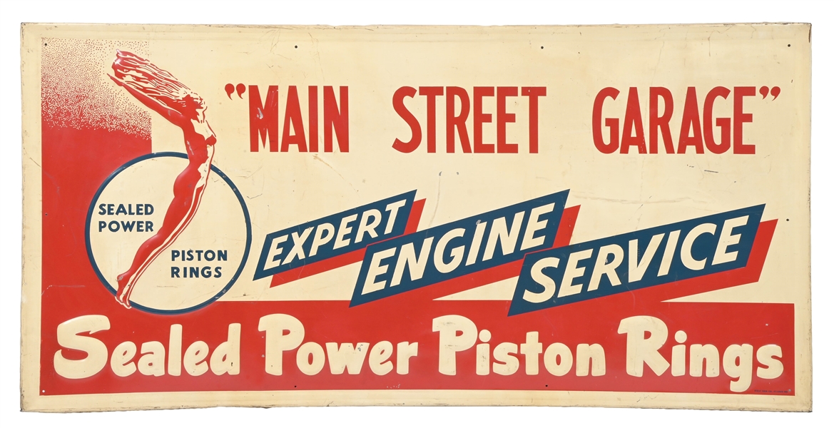 "MAIN STREET GARAGE" SEALED POWER PISTON RINGS EMBOSSED TIN SIGN W/ SELF FRAMED OUTER EDGE. 