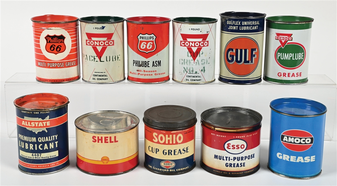 COLLECTION OF 11: VARIOUS ONE POUND GREASE CANS. 