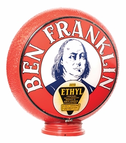 BEN FRANKLIN ETHYL GASOLINE COMPLETE 13.25" GLOBE ON RED RIPPLE BODY. 