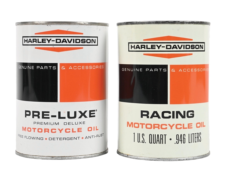 COLLECTION OF 2: HARLEY DAVIDSON RACING AND PRE-LUXE MOTORCYCLE OIL ONE-QUART CANS