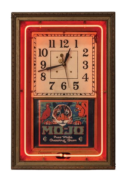 AN ORIGINAL NEON WALL CLOCK W/ ADDED MO-JO CHEWING GUM ADVERTISING