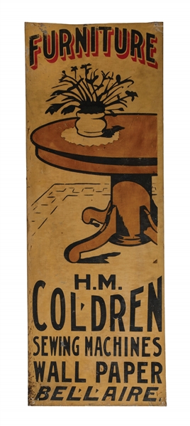 ITHICA TIN SIGN FOR H.M COLDREN FURNITURE & SEWING MACHINES