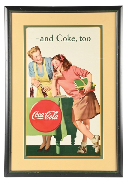 COCA-COLA  FRAMED ADVERTISING POSTER TITLED "-AND COKE, TOO"