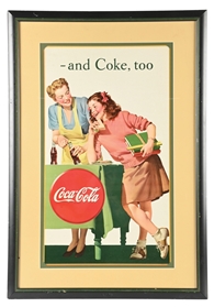 COCA-COLA  FRAMED ADVERTISING POSTER TITLED "-AND COKE, TOO"