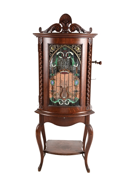 5¢ REGINA STYLE 36 AUTO CHANGER COIN OPERATED DISC MUSIC BOX WITH ART GLASS DOOR