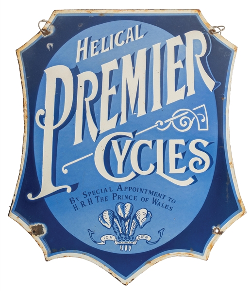PORCELAIN DIE-CUT SIGN ADVERTISING HELICAL PREMIER CYCLES