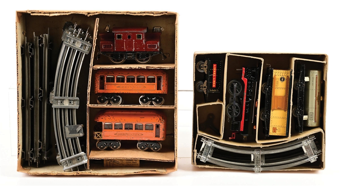 LOT OF 2: PRE-WAR LIONEL O-GA. SETS NO. 155 ELECTRIC PASSENGER SET & NO. 1531 STEAM FREIGHT SET W/ ORIGINAL BOXES