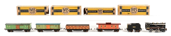 LOT OF 6: PRE-WAR IVES O-GA. NO. 257 STEAM LOCOMOTIVE & TENDER W/ 4 TIN LITHO FREIGHT CARS