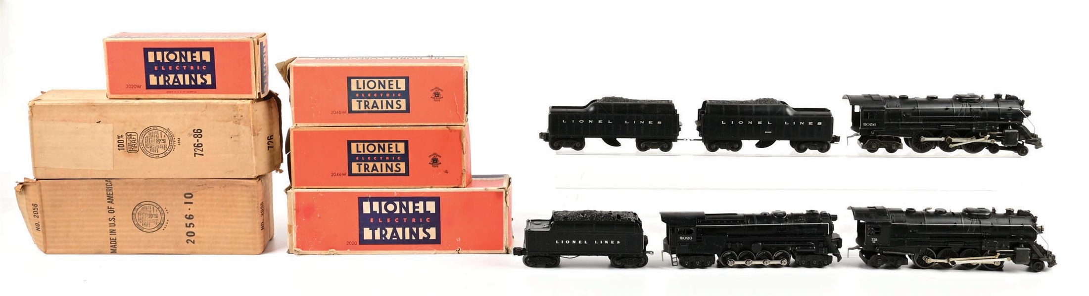 LOT OF 3: POST-WAR LIONEL O-GA. 3 STEAM LOCOMOTIVES & TENDERS W/ ORIGINAL BOXES