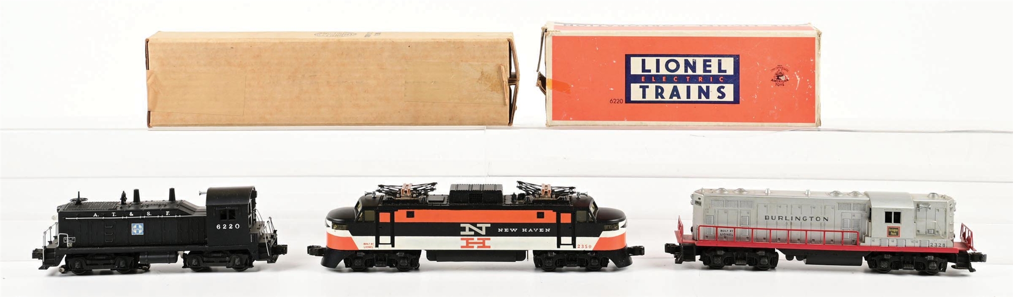LOT OF 3: POST-WAR LIONEL O-GA. NO. 2328, 2350, & 6220 LOCOMOTIVES W/ 2 BOXES