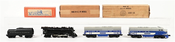 LOT OF 2: POST-WAR LIONEL O-GA. NO. 2367 WABASH F-3 DIESEL LOCOMOTIVES & NO. 736 STEAM LOCOMOTIVE & TENDER W/ ORIGINAL BOXES