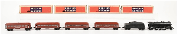 PRE-WAR LIONEL O-GA. NO. 224E STEAM LOCOMOTIVE & TENDER 4-CAR PASSENGER SET W/ ORIGINAL BOXES